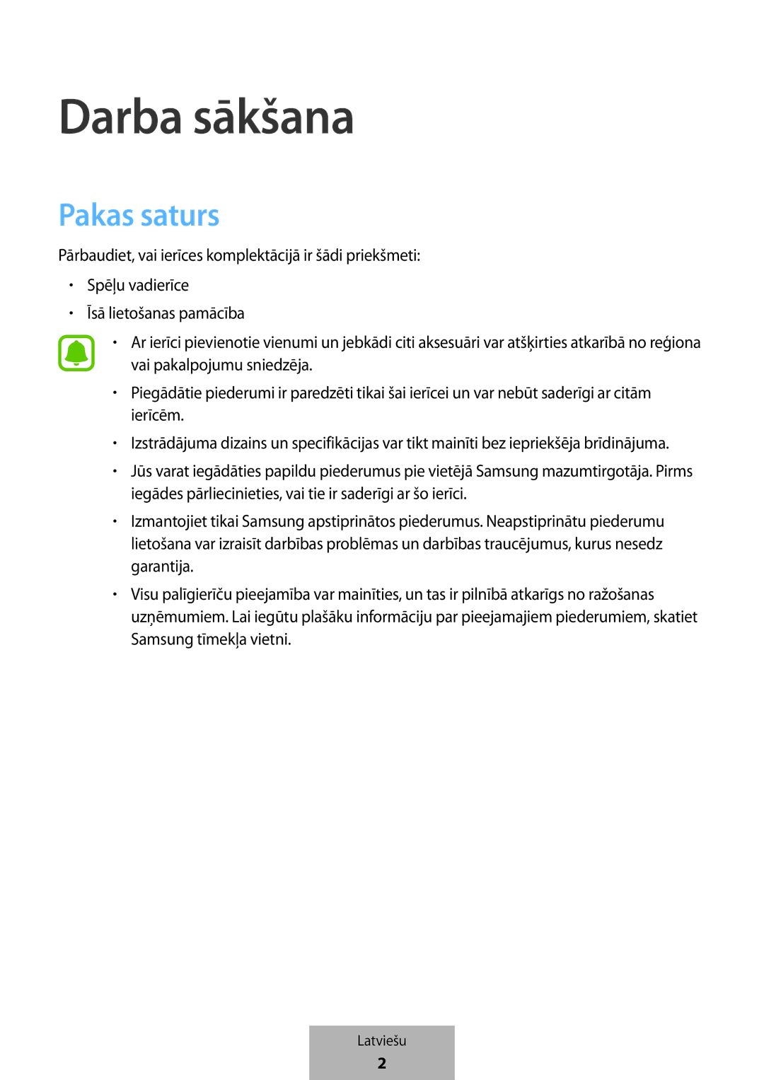 Samsung EI-YP322BBEGWW manual Darba sākšana, Pakas saturs 