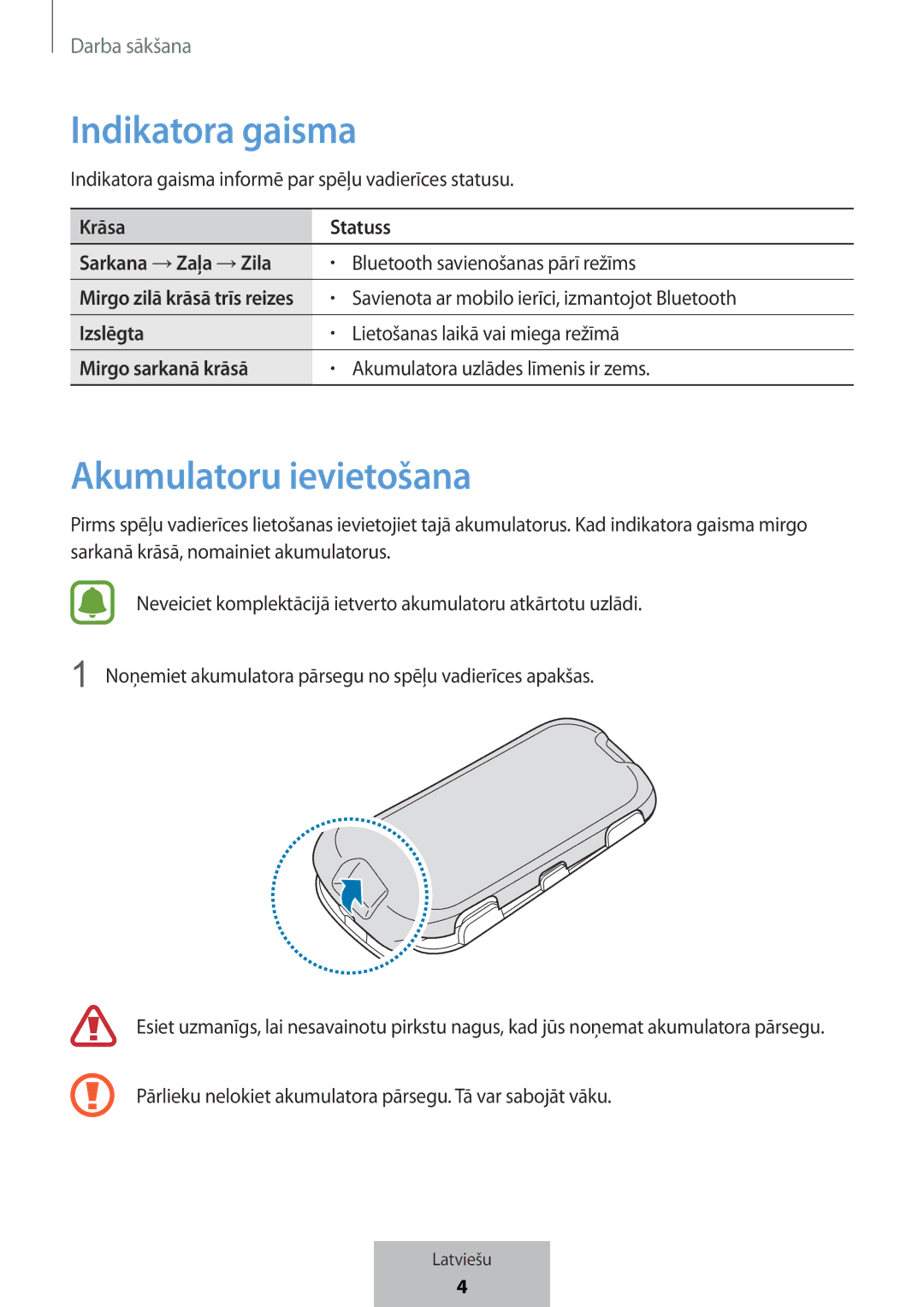 Samsung EI-YP322BBEGWW manual Indikatora gaisma, Akumulatoru ievietošana 