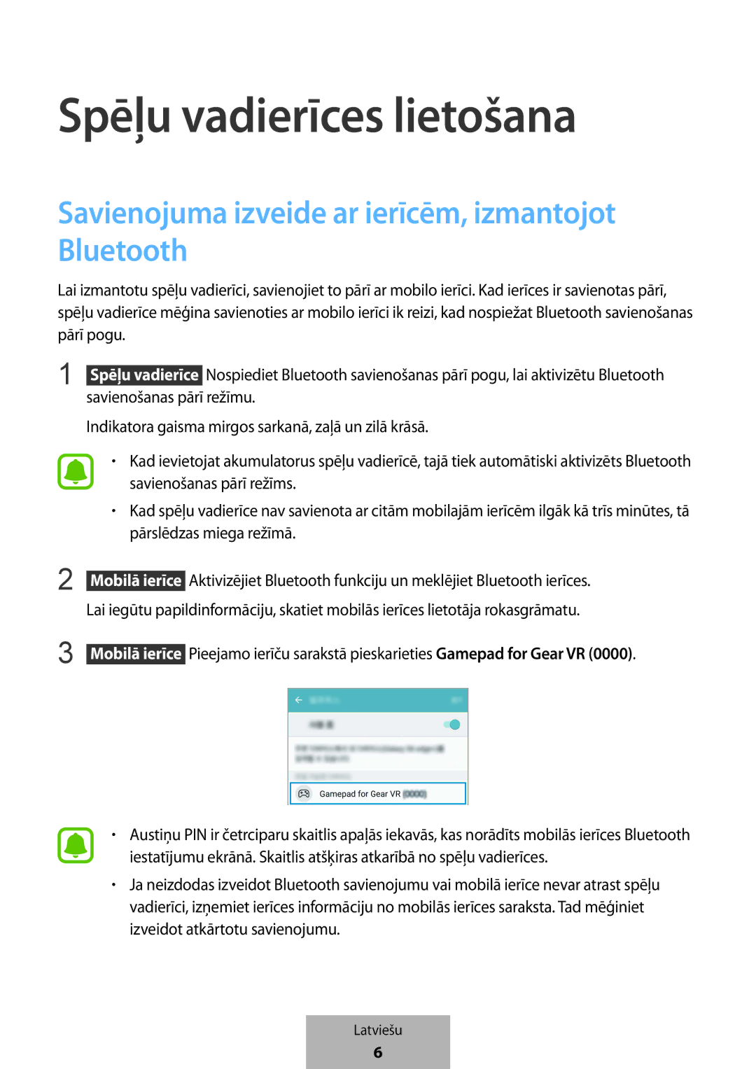 Samsung EI-YP322BBEGWW manual Spēļu vadierīces lietošana, Savienojuma izveide ar ierīcēm, izmantojot Bluetooth 