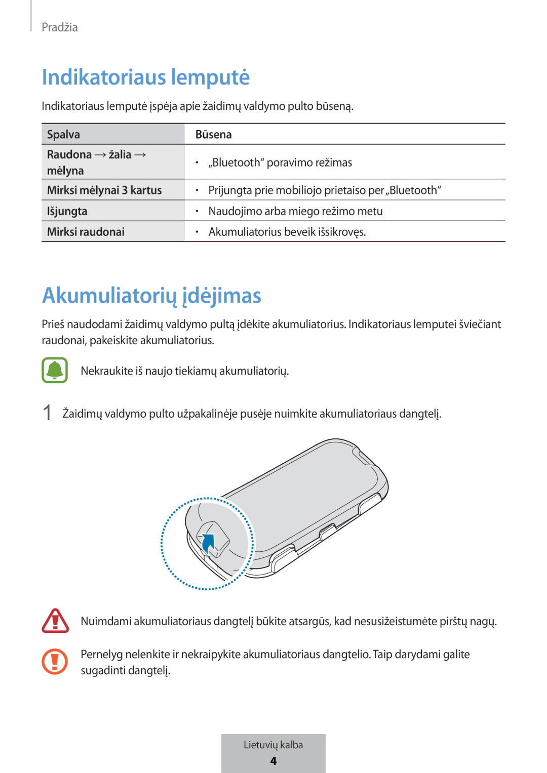 Samsung EI-YP322BBEGWW manual Indikatoriaus lemputė, Akumuliatorių įdėjimas 