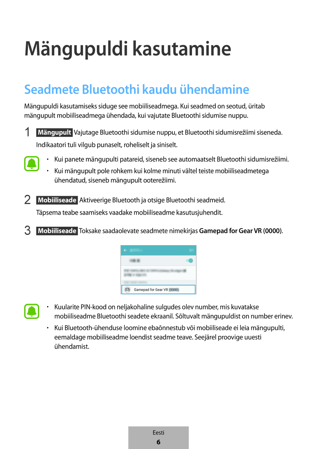 Samsung EI-YP322BBEGWW manual Mängupuldi kasutamine, Seadmete Bluetoothi kaudu ühendamine 