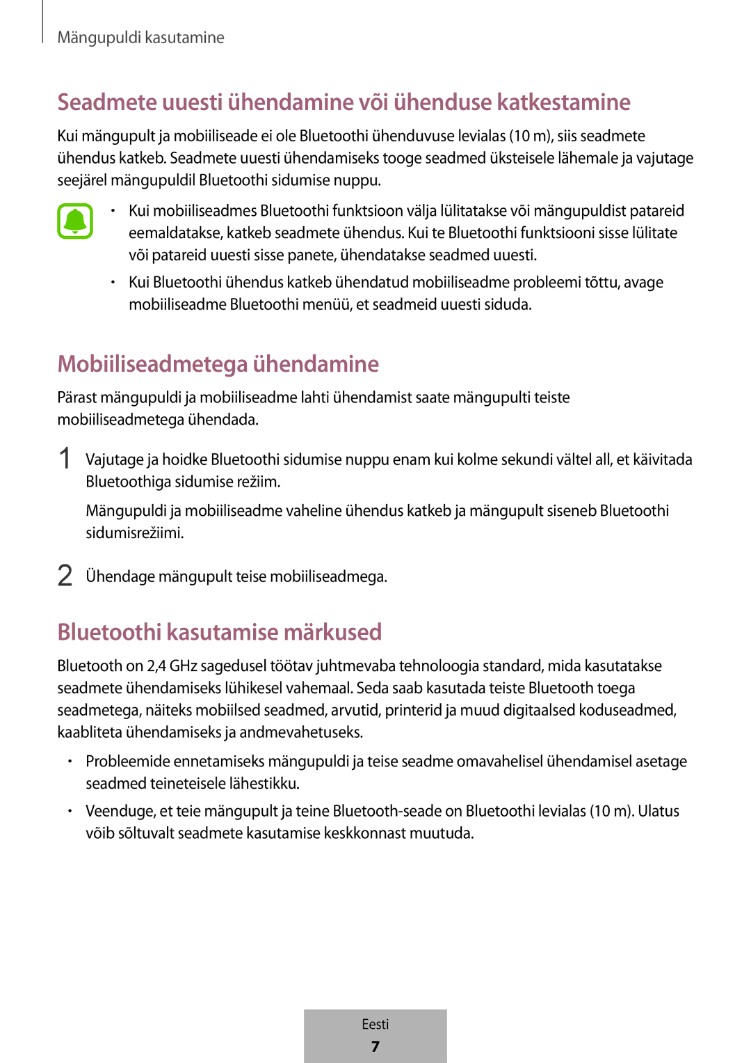 Samsung EI-YP322BBEGWW manual Seadmete uuesti ühendamine või ühenduse katkestamine, Mobiiliseadmetega ühendamine 