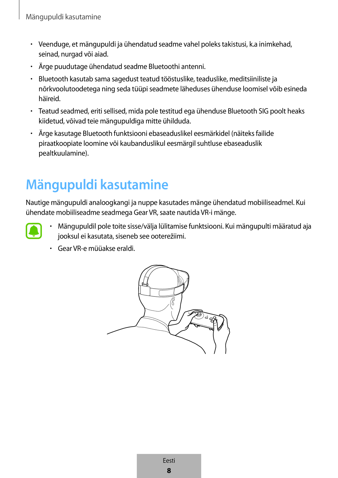 Samsung EI-YP322BBEGWW manual Mängupuldi kasutamine 