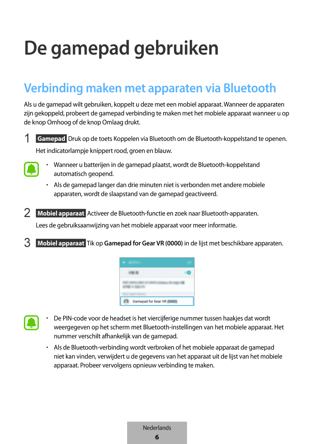 Samsung EI-YP322BBEGWW manual De gamepad gebruiken, Verbinding maken met apparaten via Bluetooth 