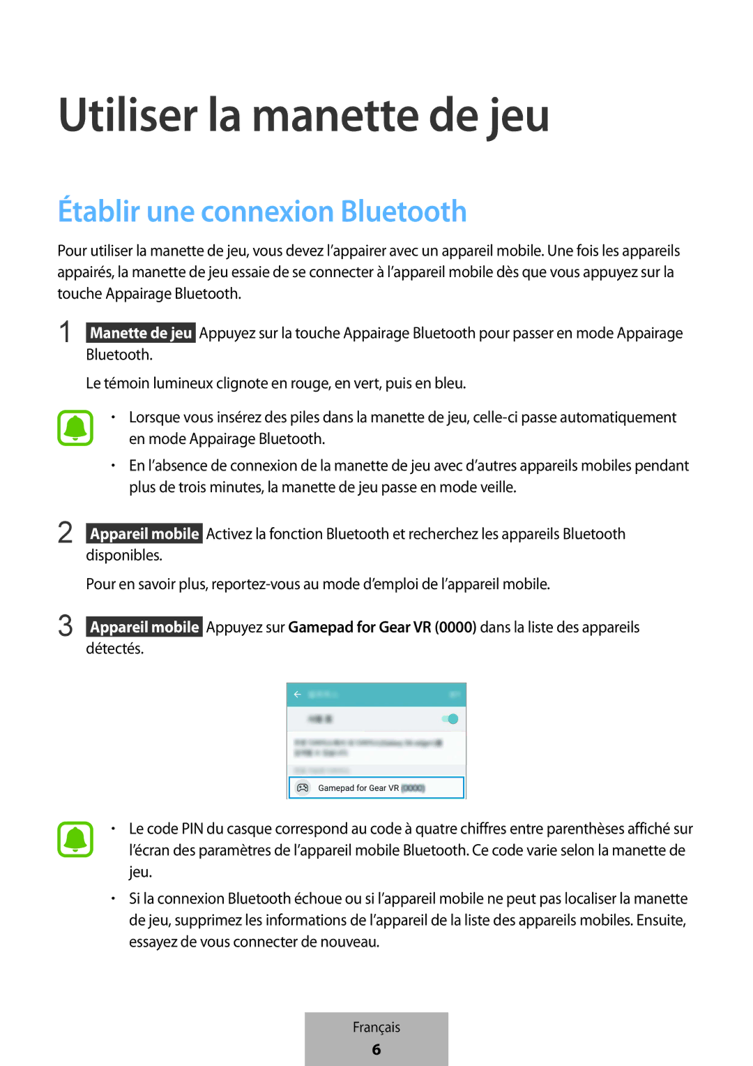 Samsung EI-YP322BBEGWW manual Utiliser la manette de jeu, Établir une connexion Bluetooth 