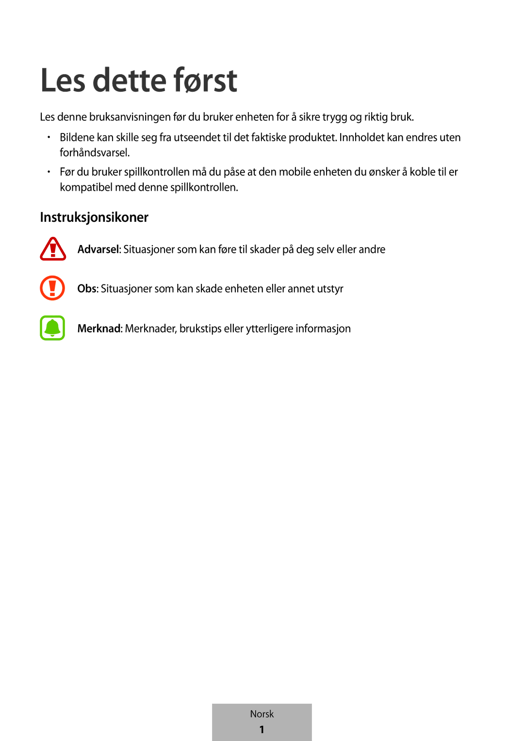 Samsung EI-YP322BBEGWW manual Les dette først, Instruksjonsikoner 