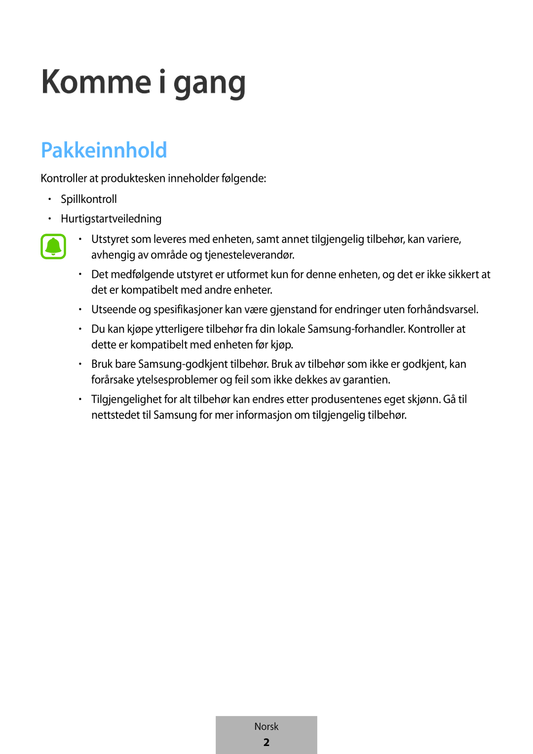 Samsung EI-YP322BBEGWW manual Komme i gang, Pakkeinnhold 