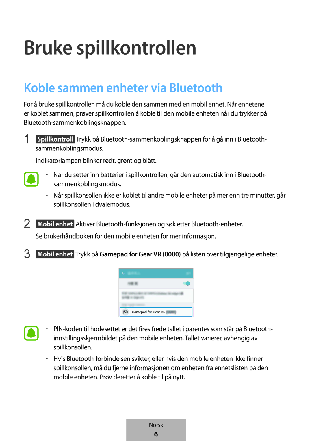 Samsung EI-YP322BBEGWW manual Bruke spillkontrollen, Koble sammen enheter via Bluetooth 