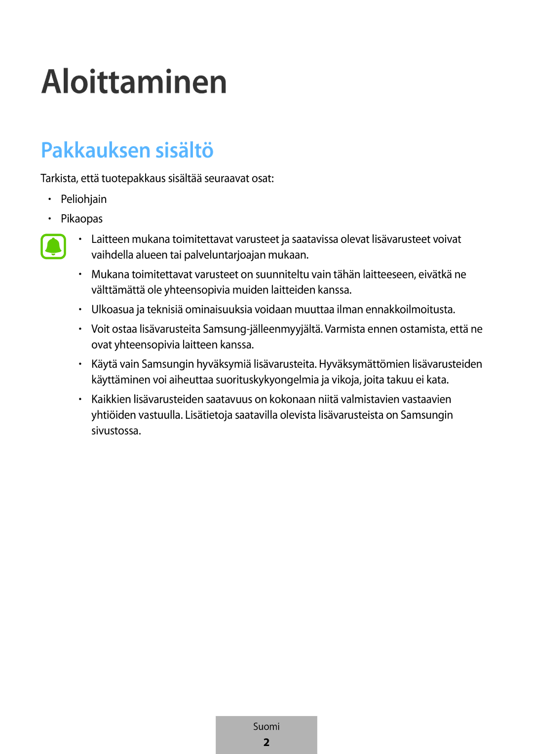 Samsung EI-YP322BBEGWW manual Aloittaminen, Pakkauksen sisältö 