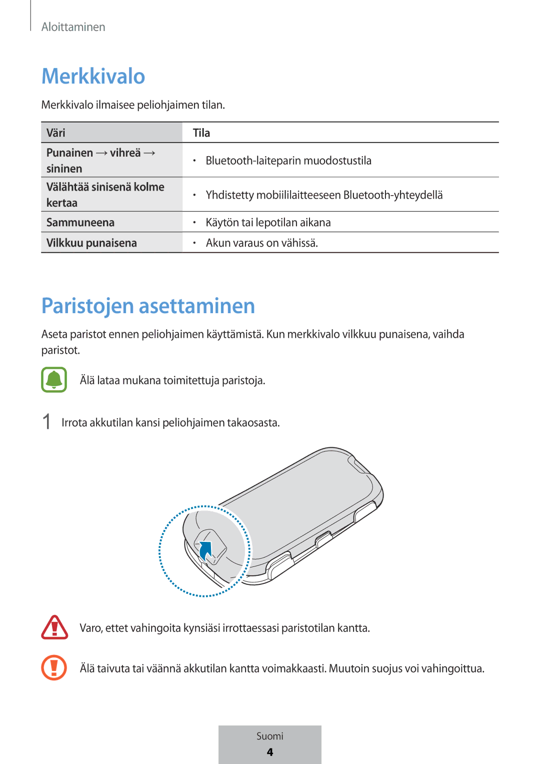 Samsung EI-YP322BBEGWW manual Merkkivalo, Paristojen asettaminen, Välähtää sinisenä kolme 