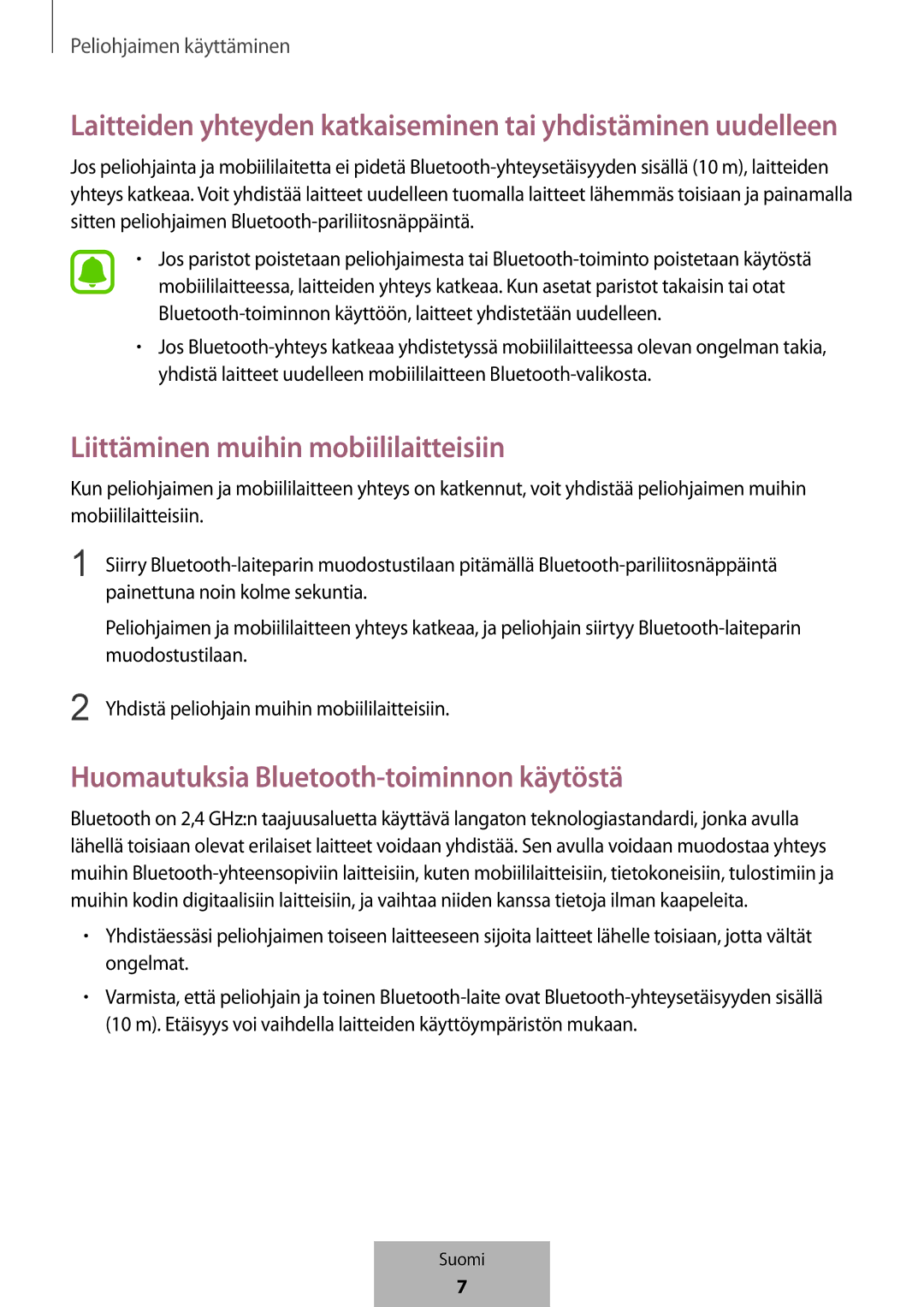 Samsung EI-YP322BBEGWW manual Liittäminen muihin mobiililaitteisiin, Huomautuksia Bluetooth-toiminnon käytöstä 