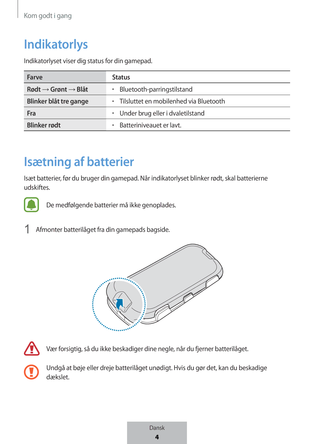 Samsung EI-YP322BBEGWW manual Indikatorlys, Isætning af batterier 