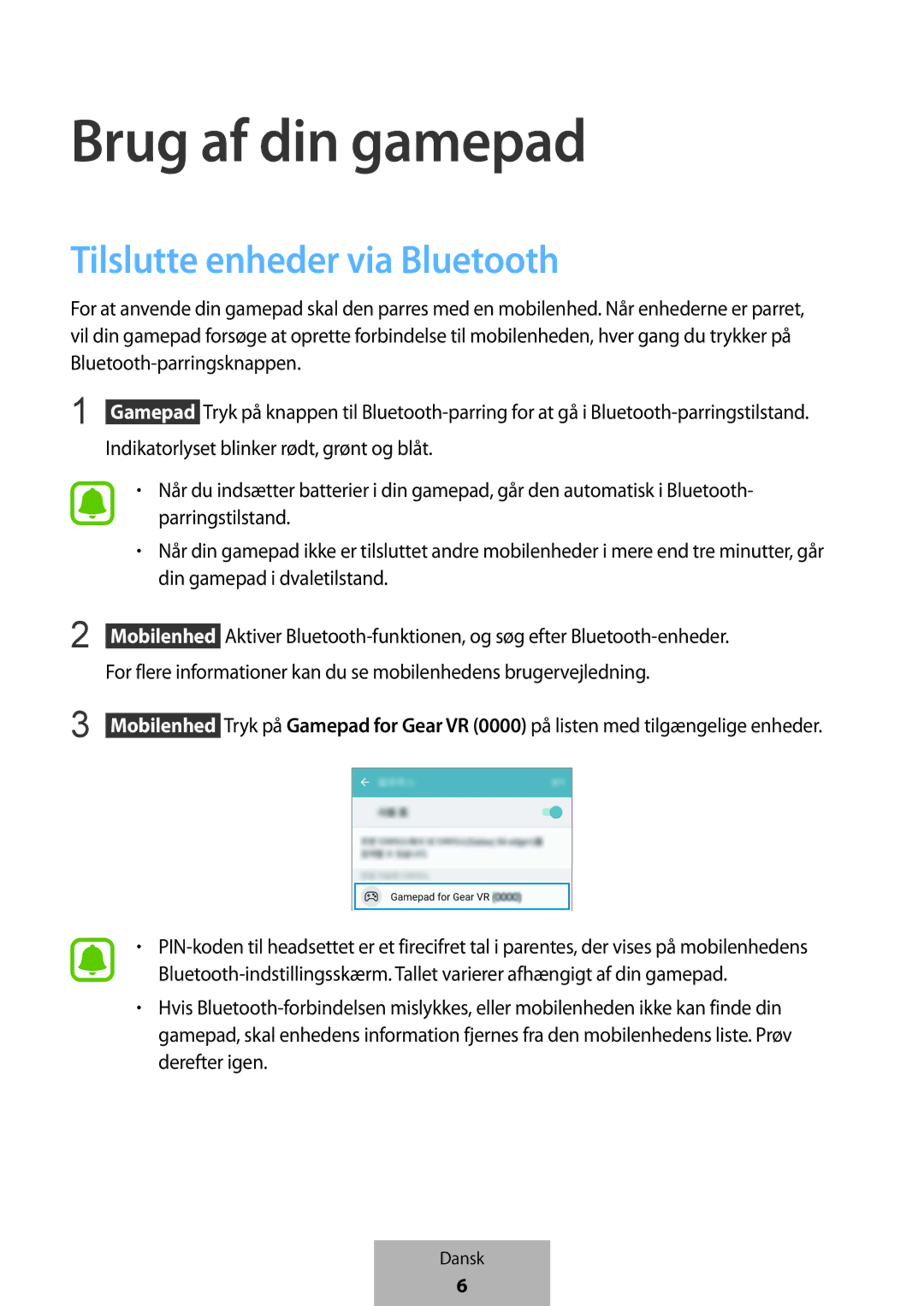 Samsung EI-YP322BBEGWW manual Brug af din gamepad, Tilslutte enheder via Bluetooth 