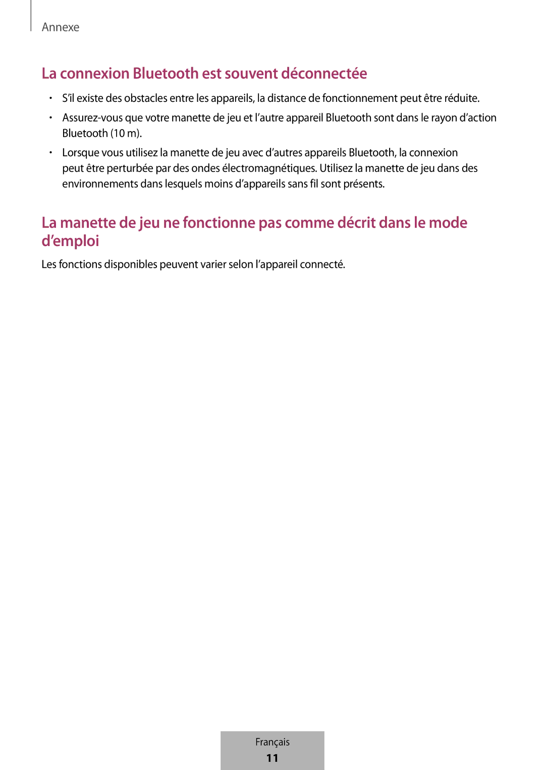 Samsung EI-YP322BBEGWW manual La connexion Bluetooth est souvent déconnectée 