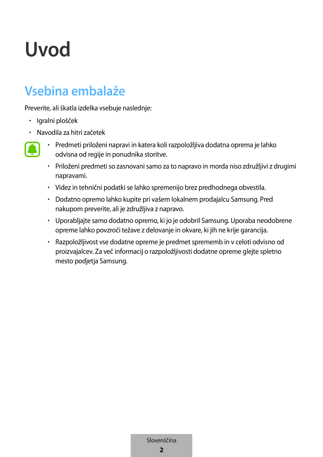 Samsung EI-YP322BBEGWW manual Uvod, Vsebina embalaže 