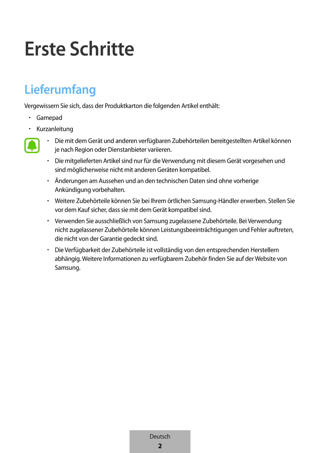 Samsung EI-YP322BBEGWW manual Erste Schritte, Lieferumfang 