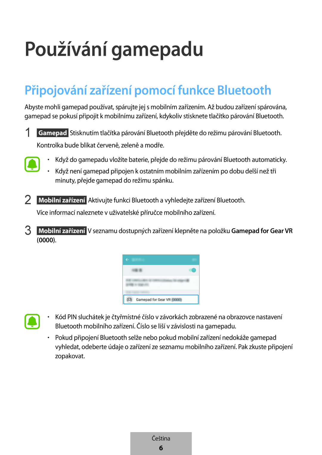 Samsung EI-YP322BBEGWW manual Používání gamepadu, Připojování zařízení pomocí funkce Bluetooth 