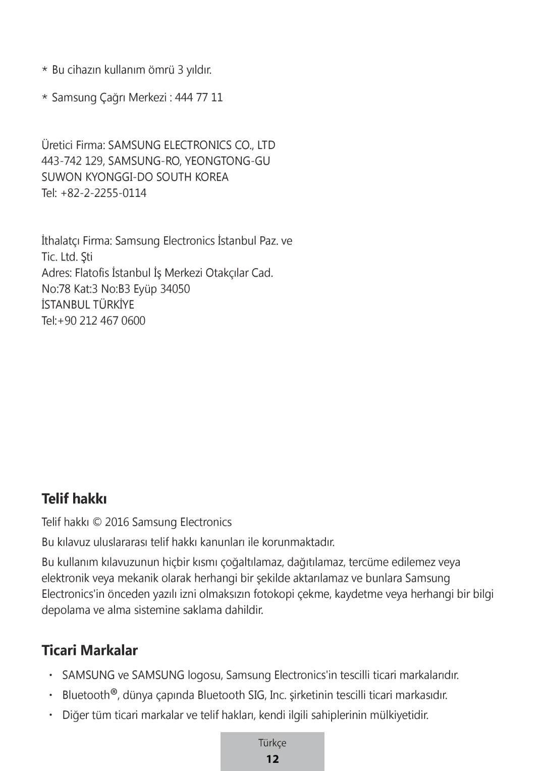 Samsung EI-YP322BBEGWW manual Telif hakkı 