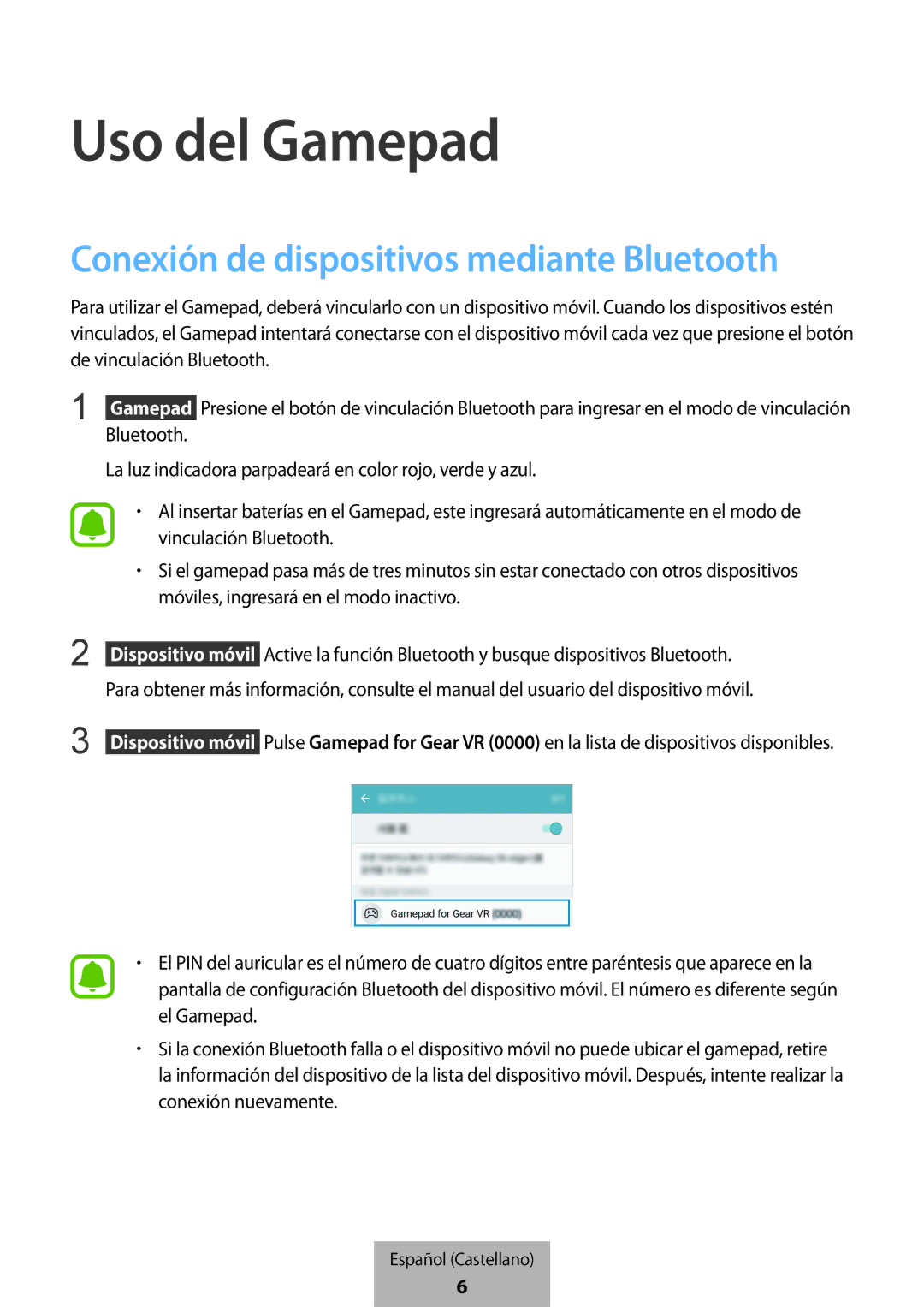 Samsung EI-YP322BBEGWW manual Uso del Gamepad, Conexión de dispositivos mediante Bluetooth 