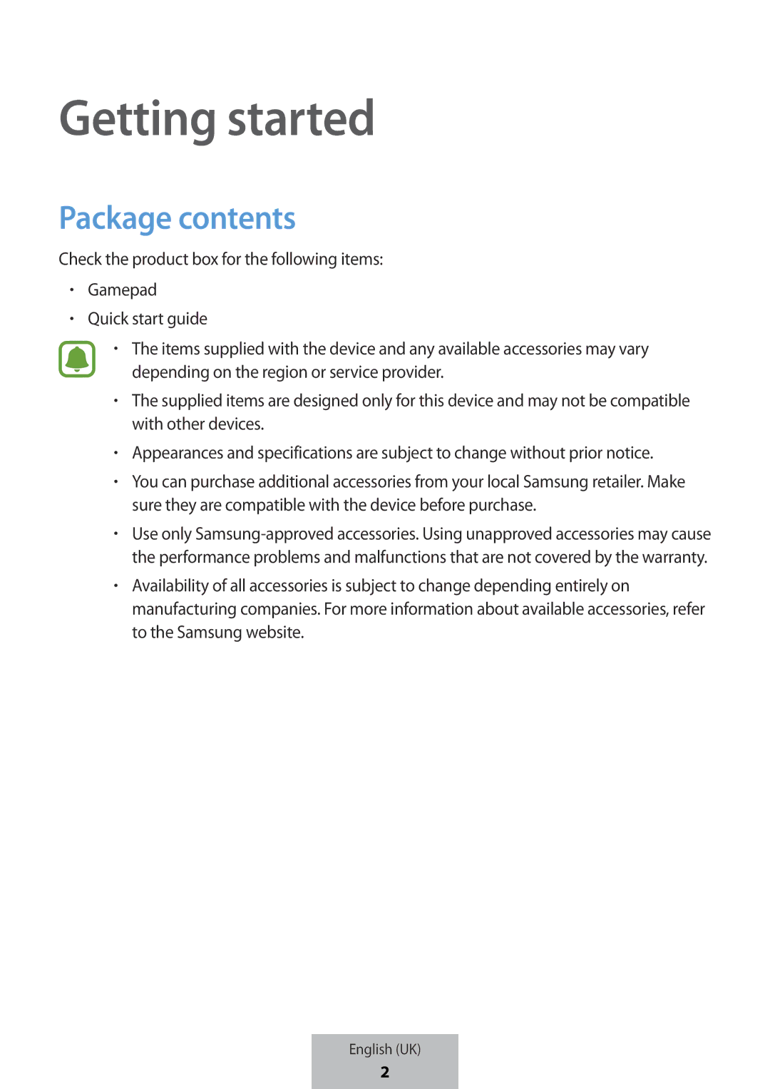 Samsung EI-YP322BBEGWW manual Getting started, Package contents 