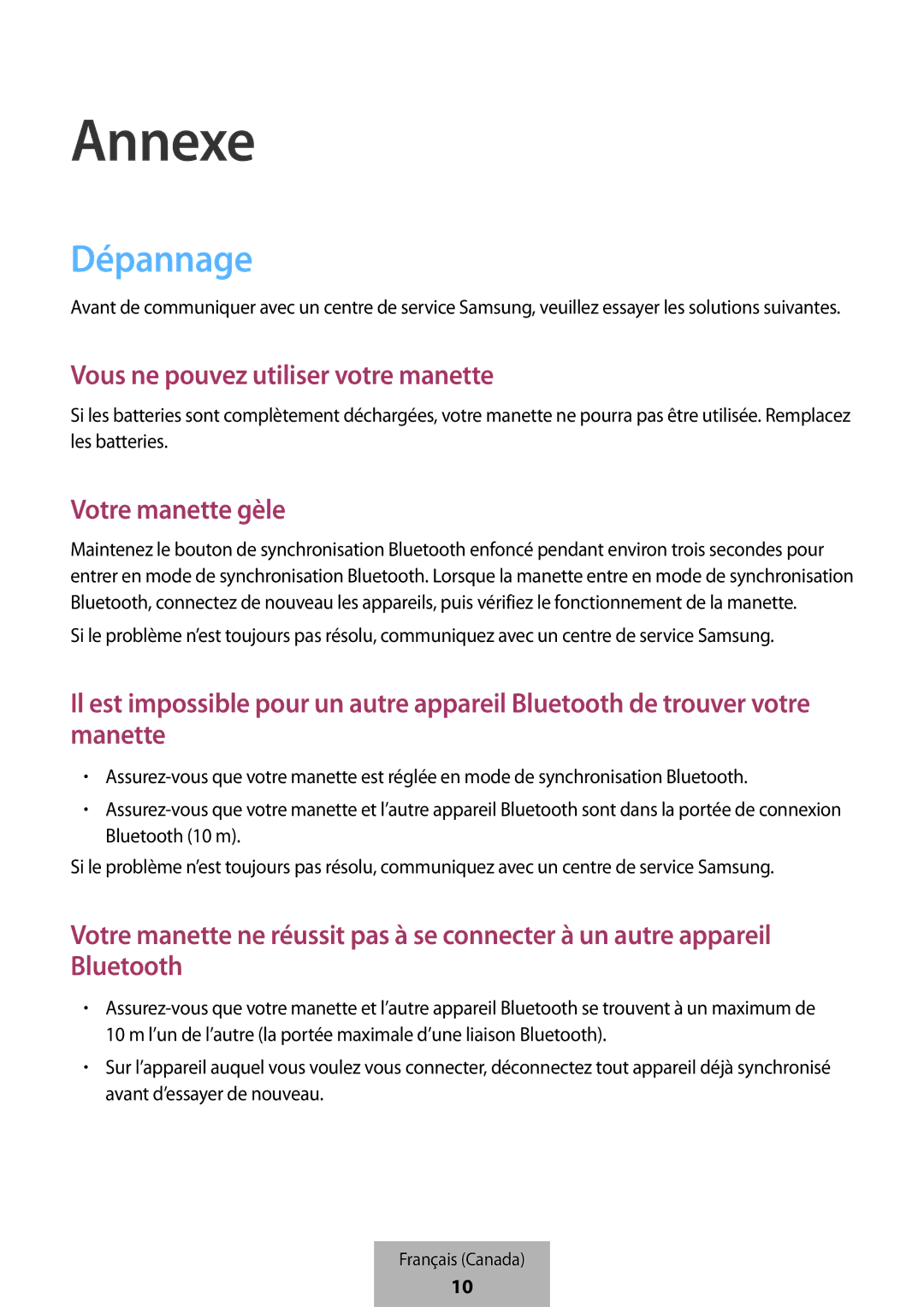 Samsung EI-YP322BBEGWW manual Vous ne pouvez utiliser votre manette, Votre manette gèle 