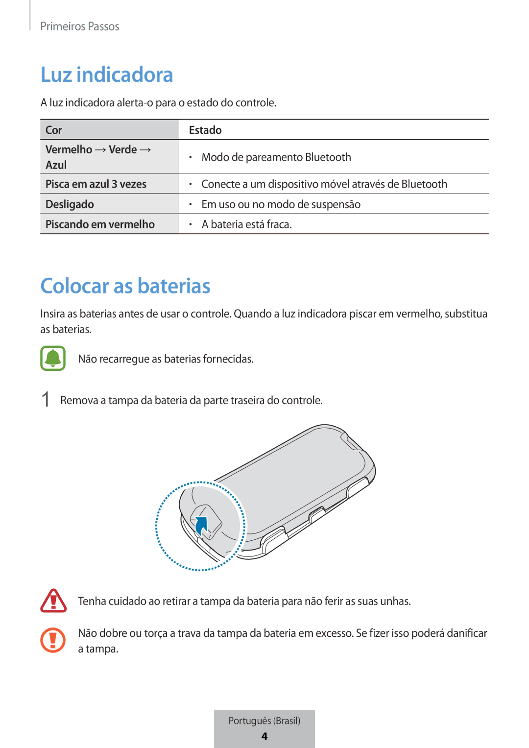 Samsung EI-YP322BBEGWW manual Luz indicadora, Colocar as baterias 