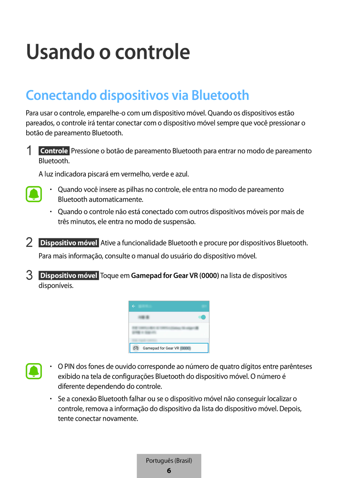 Samsung EI-YP322BBEGWW manual Usando o controle, Conectando dispositivos via Bluetooth 