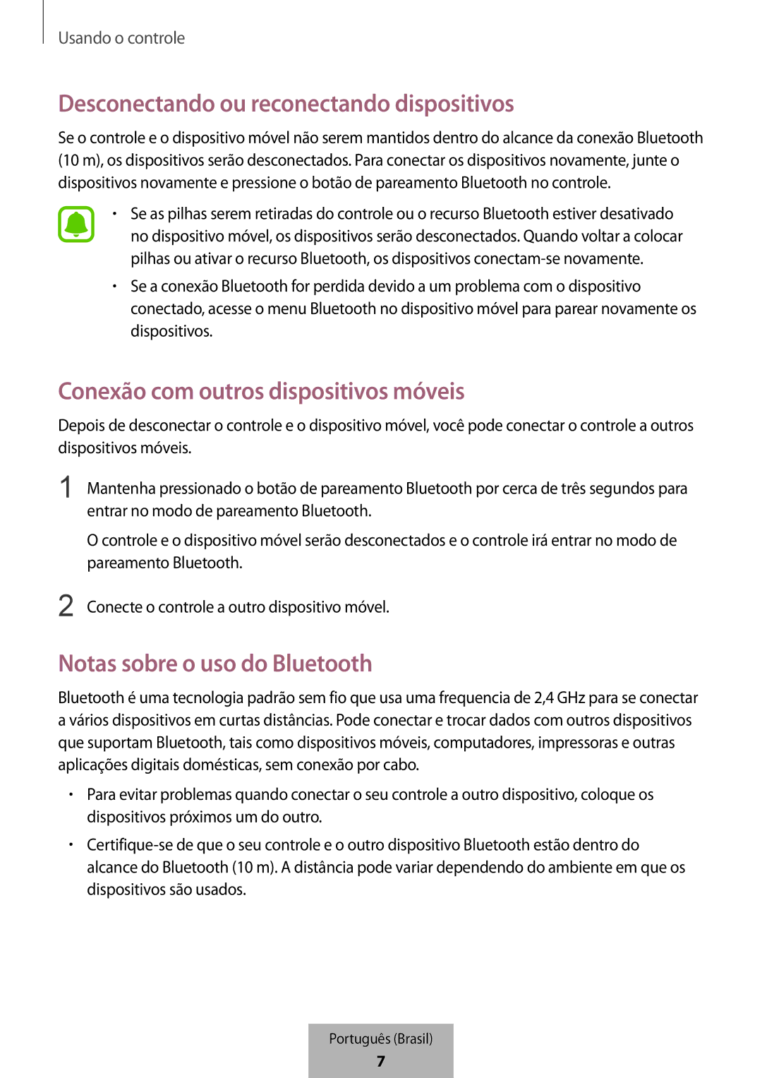 Samsung EI-YP322BBEGWW manual Desconectando ou reconectando dispositivos, Conexão com outros dispositivos móveis 