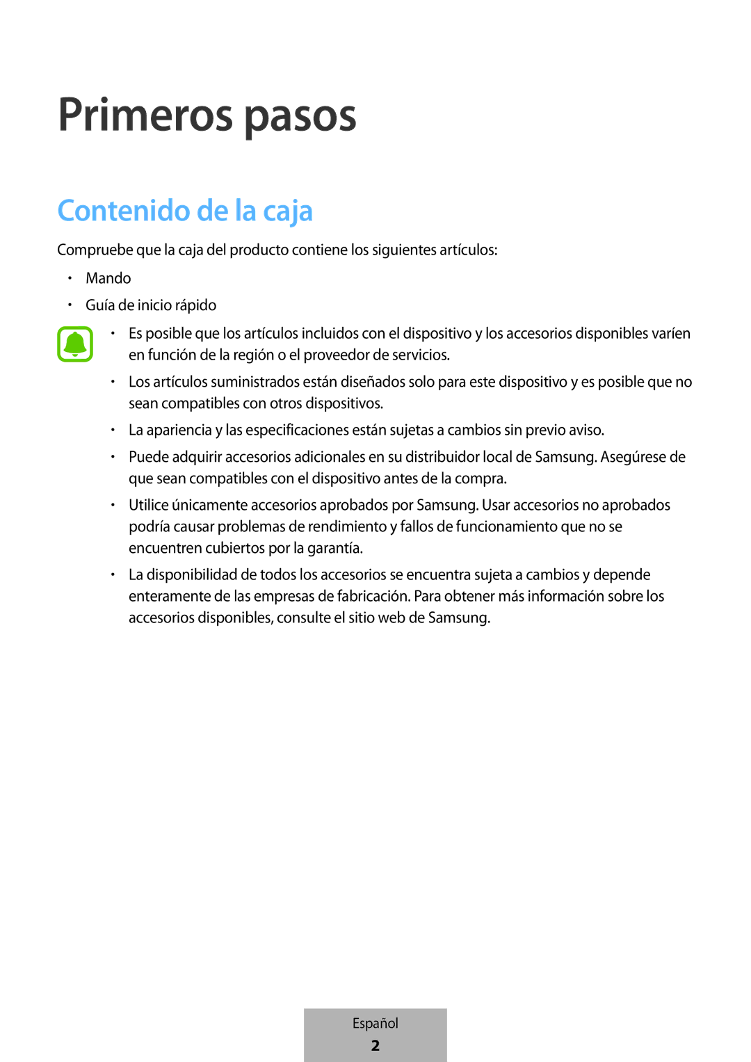 Samsung EI-YP322BBEGWW manual Primeros pasos, Contenido de la caja 