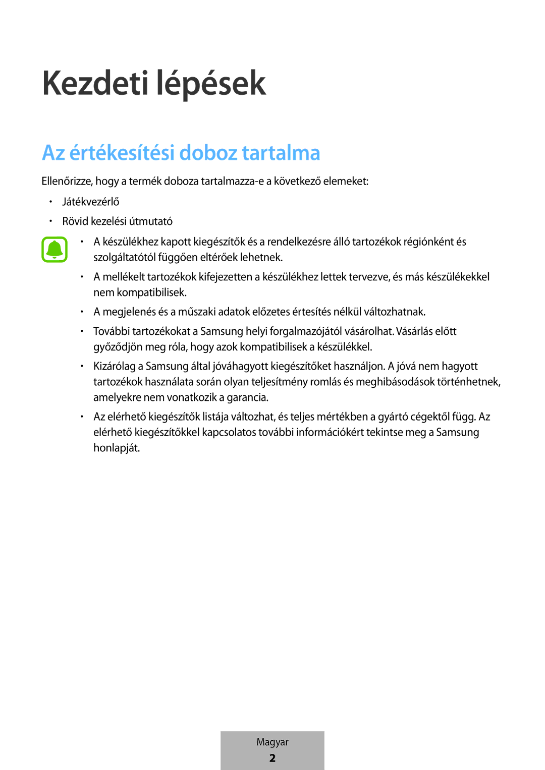 Samsung EI-YP322BBEGWW manual Kezdeti lépések, Az értékesítési doboz tartalma 