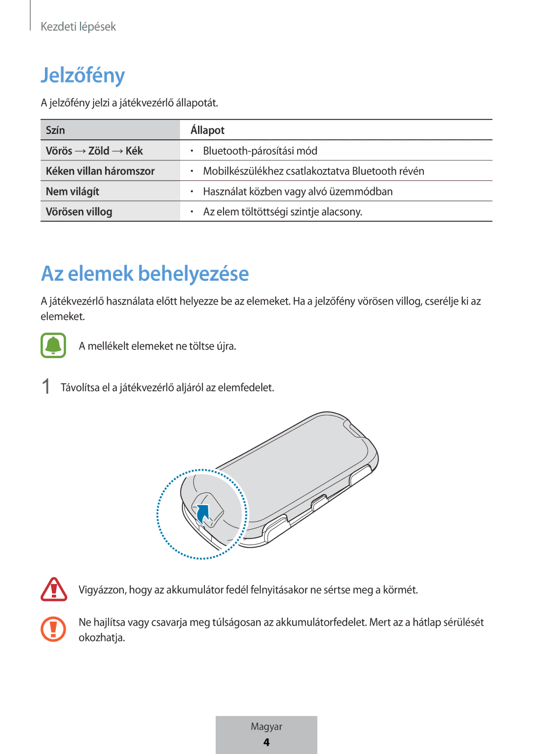 Samsung EI-YP322BBEGWW manual Jelzőfény, Az elemek behelyezése 