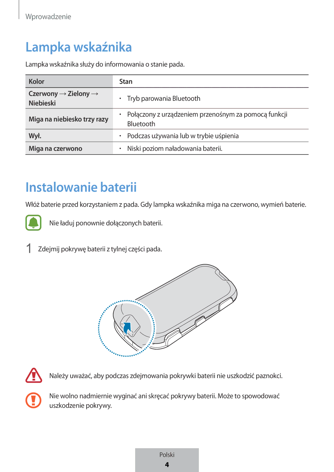 Samsung EI-YP322BBEGWW manual Lampka wskaźnika, Instalowanie baterii 