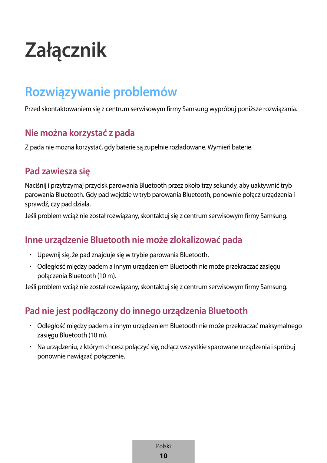 Samsung EI-YP322BBEGWW manual Załącznik, Rozwiązywanie problemów 