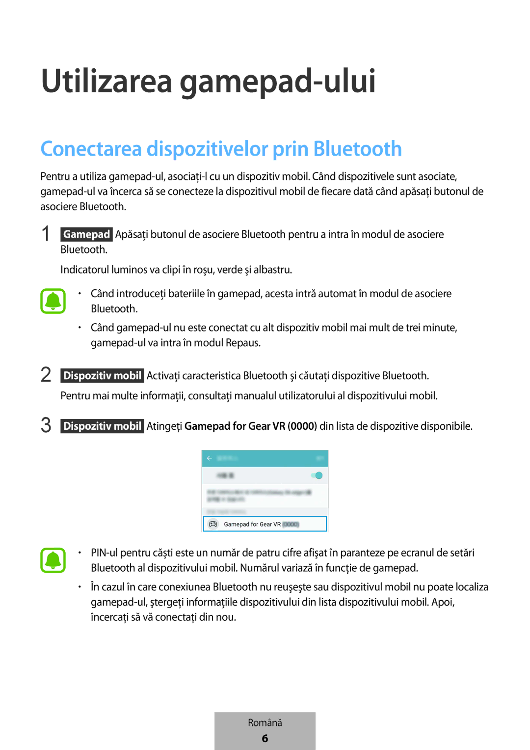 Samsung EI-YP322BBEGWW manual Utilizarea gamepad-ului, Conectarea dispozitivelor prin Bluetooth 