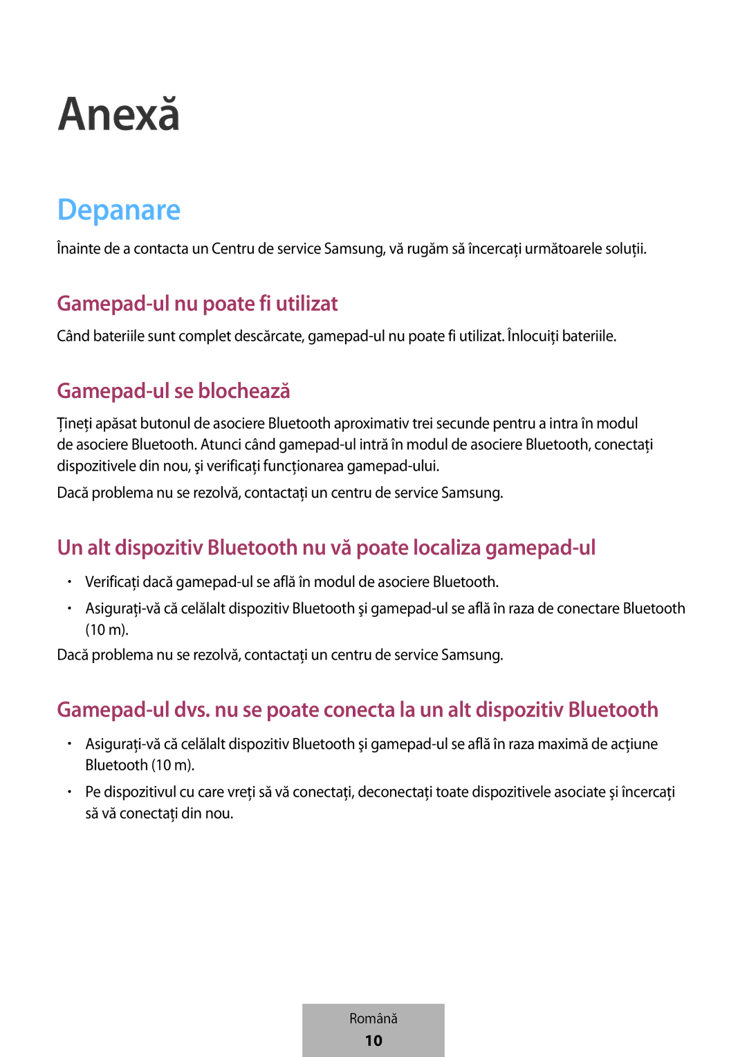 Samsung EI-YP322BBEGWW manual Anexă, Depanare, Gamepad-ul nu poate fi utilizat, Gamepad-ul se blochează 