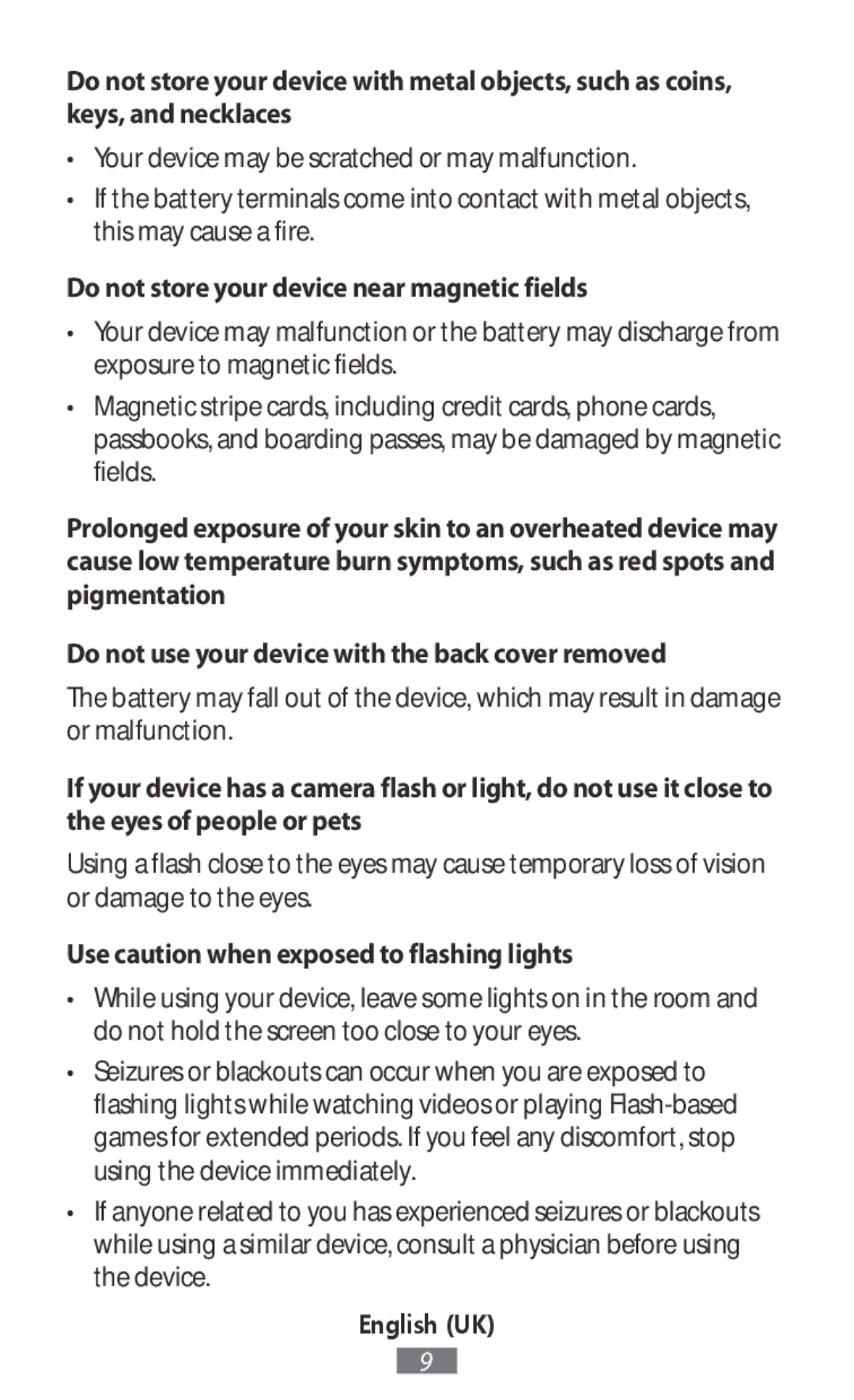 Samsung EJ-CG930UBEGFR manual Do not store your device near magnetic fields, Use caution when exposed to flashing lights 