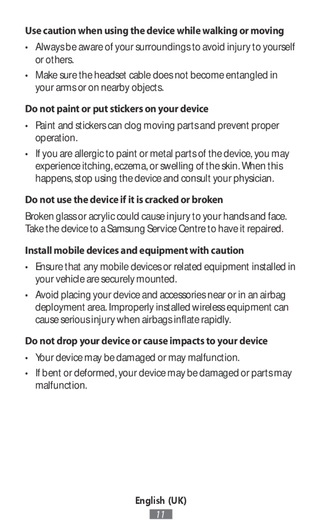 Samsung EJ-CG928FBEGFR, EJ-CG930UBEGDE, EJ-CG928MBEGDE manual Use caution when using the device while walking or moving 