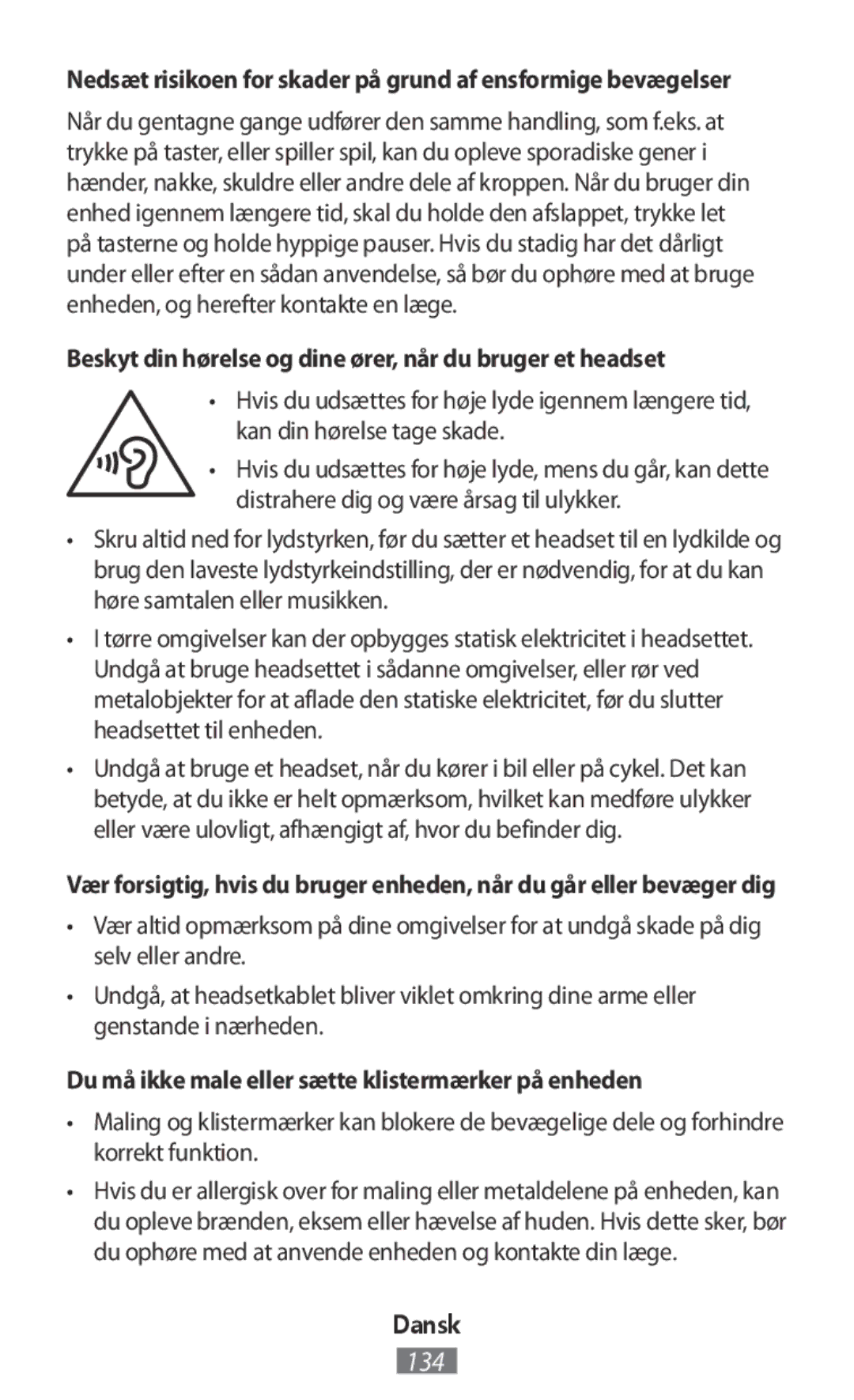 Samsung EJ-CG928RSEGRU, EJ-CG930UBEGDE, EJ-CG928MBEGDE manual Beskyt din hørelse og dine ører, når du bruger et headset 