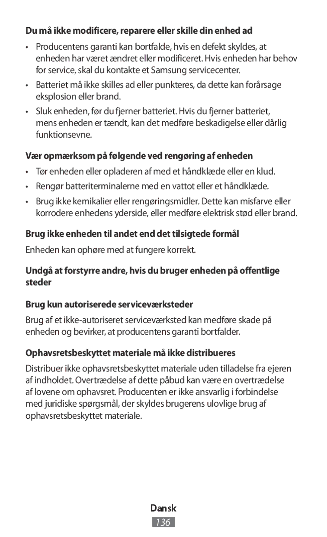 Samsung EJ-CN920RBEGRU, EJ-CG930UBEGDE, EJ-CG928MBEGDE manual Du må ikke modificere, reparere eller skille din enhed ad 