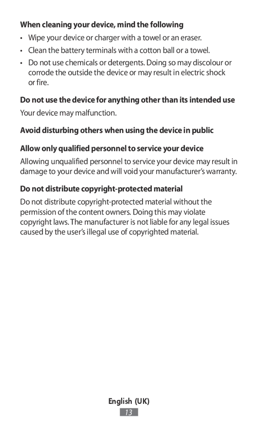 Samsung EJ-CG930UFEGGB manual When cleaning your device, mind the following, Do not distribute copyright-protected material 