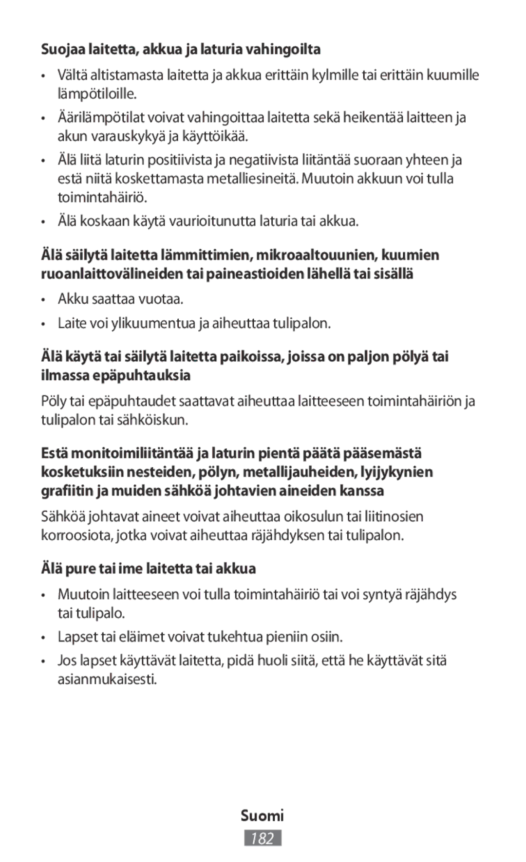 Samsung EJ-CG930UFEGDE, EJ-CG930UBEGDE Suojaa laitetta, akkua ja laturia vahingoilta, Älä pure tai ime laitetta tai akkua 