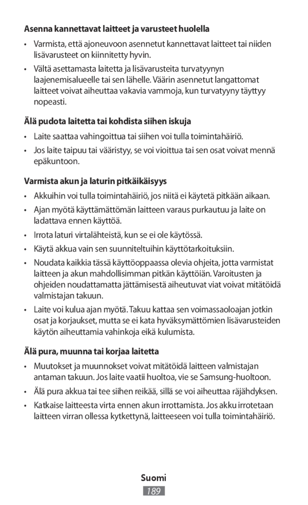 Samsung EJ-CG930UBEGFR Asenna kannettavat laitteet ja varusteet huolella, Älä pudota laitetta tai kohdista siihen iskuja 