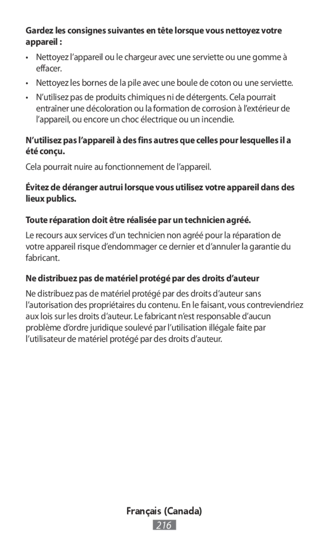 Samsung EJ-CG928MBEGDE, EJ-CG930UBEGDE, EJ-CG928MFEGDE, EJ-CG930UFEGDE Cela pourrait nuire au fonctionnement de l’appareil 