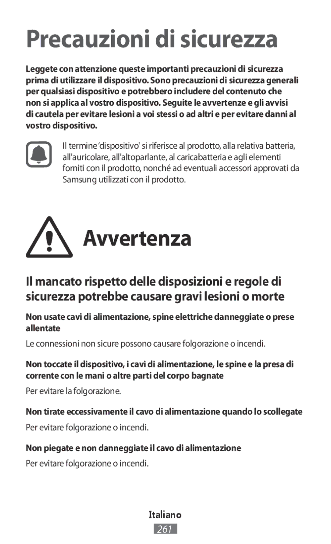 Samsung EJ-CG930UBEGFR manual Avvertenza, Per evitare la folgorazione, Per evitare folgorazione o incendi, Italiano 