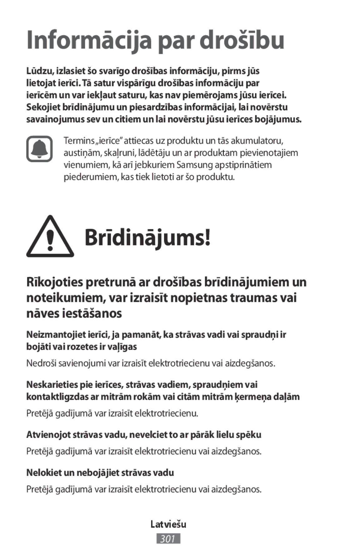 Samsung EJ-CG930UFEGGB Brīdinājums, Pretējā gadījumā var izraisīt elektrotriecienu, Nelokiet un nebojājiet strāvas vadu 