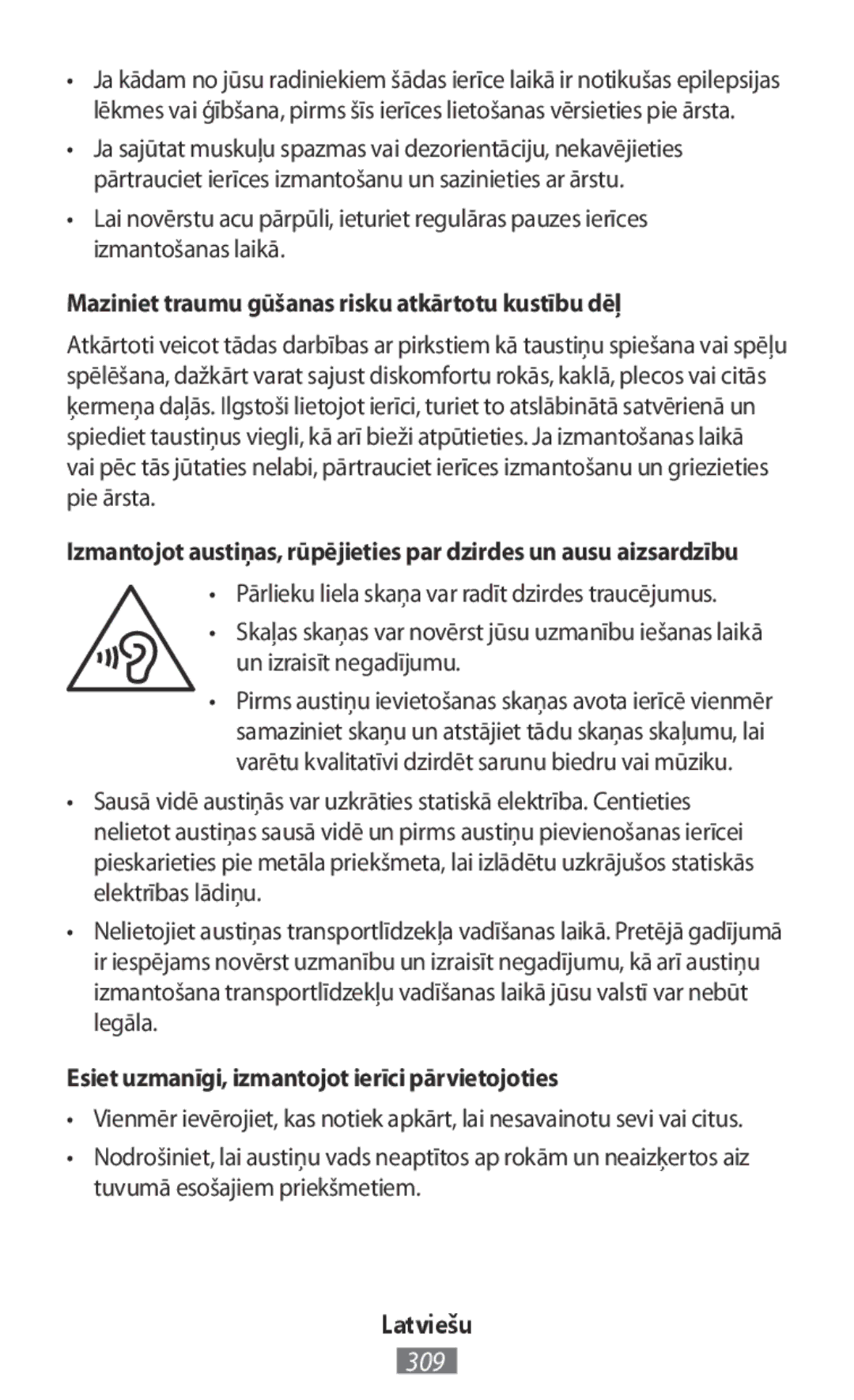 Samsung EJ-CG928USEGWW, EJ-CG930UBEGDE manual Maziniet traumu gūšanas risku atkārtotu kustību dēļ, Un izraisīt negadījumu 