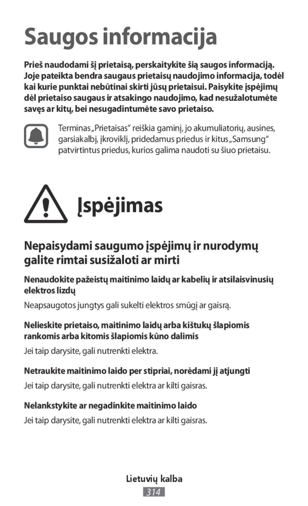 Samsung EJ-CG928RSEGRU, EJ-CG930UBEGDE manual Įspėjimas, Nelankstykite ar negadinkite maitinimo laido, Lietuvių kalba 