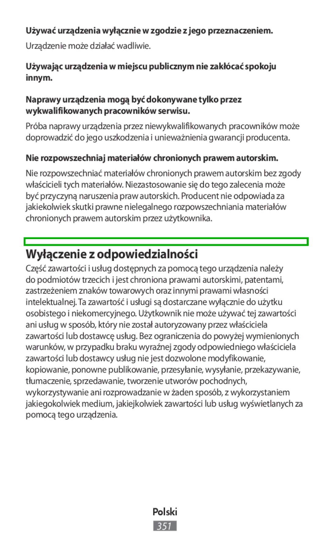 Samsung EJ-CN920RFEGRU manual Wyłączenie z odpowiedzialności, Używać urządzenia wyłącznie w zgodzie z jego przeznaczeniem 