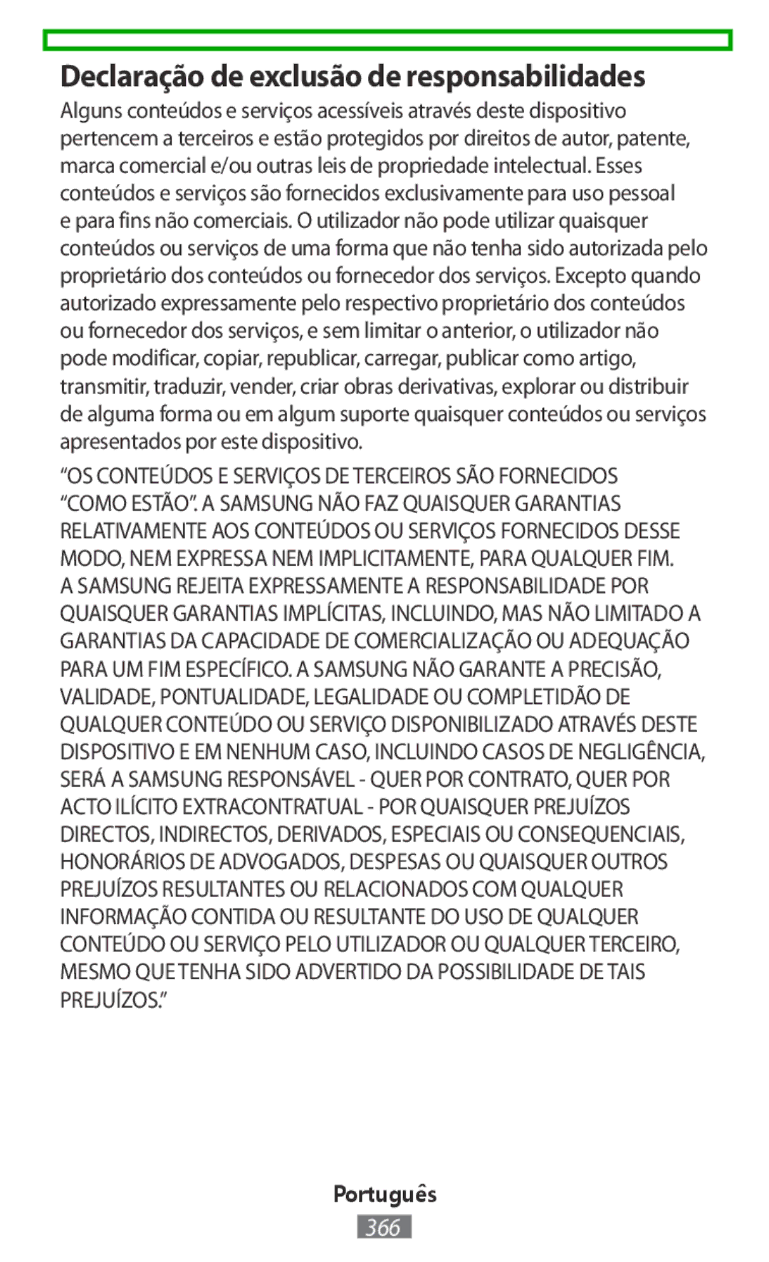 Samsung ET-CG935DBEGWW, EJ-CG930UBEGDE, EJ-CG928MBEGDE, EJ-CG928MFEGDE manual Declaração de exclusão de responsabilidades 