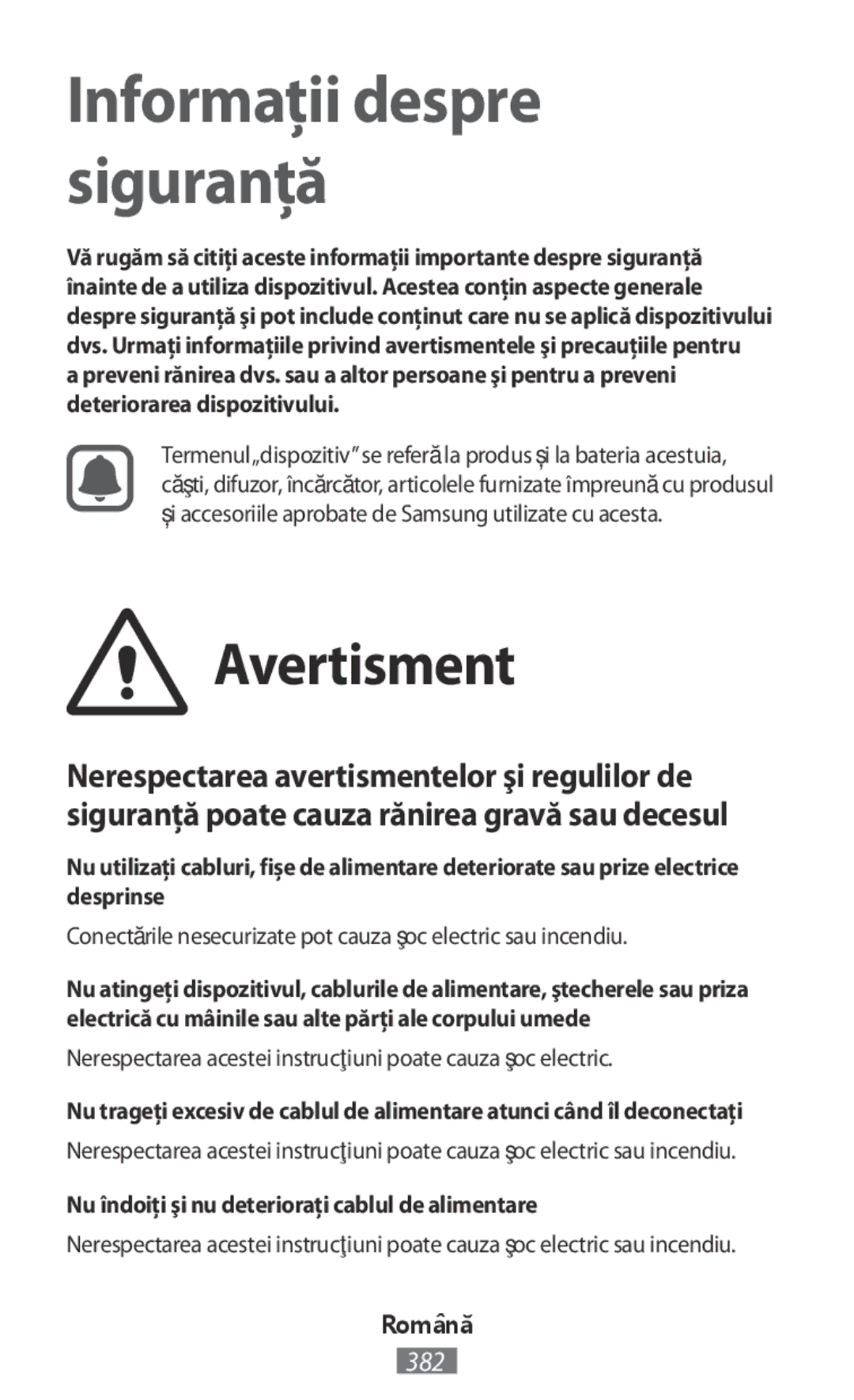 Samsung EJ-CG928BFEGWW, EJ-CG930UBEGDE Avertisment, Nerespectarea acestei instrucţiuni poate cauza şoc electric, Română 